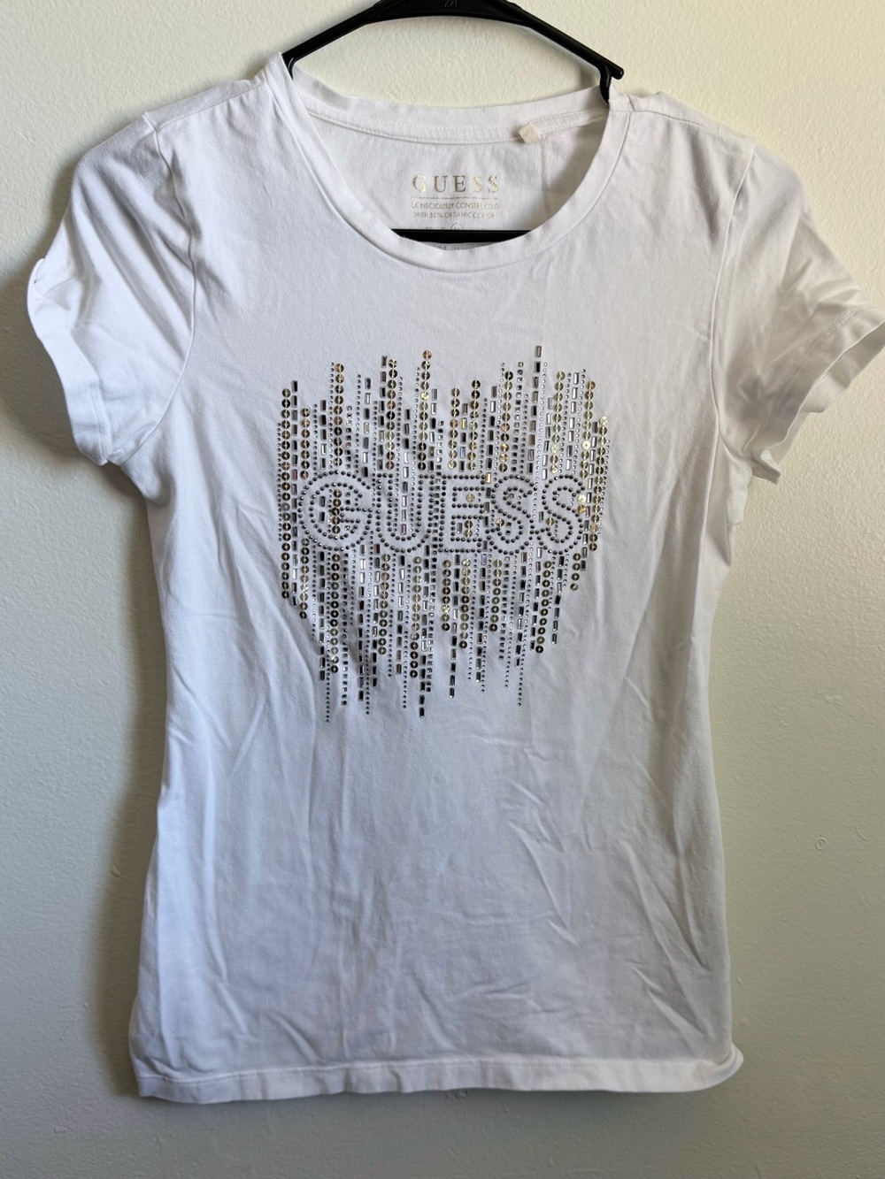 Womens Guess White Tee with Gold Sequin Logo